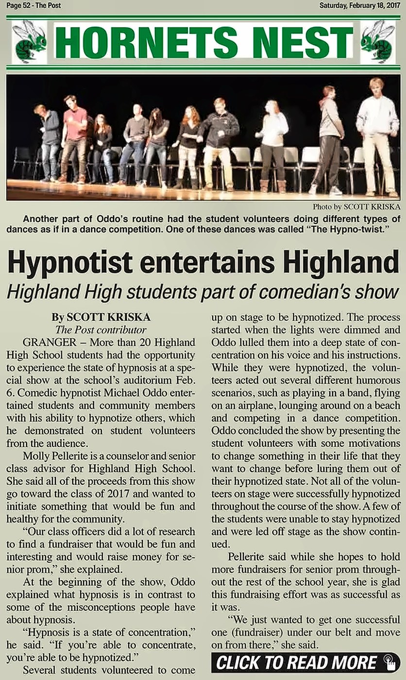 Newspaper feature about comedy hypnotist Michael Oddo entertaining high school students